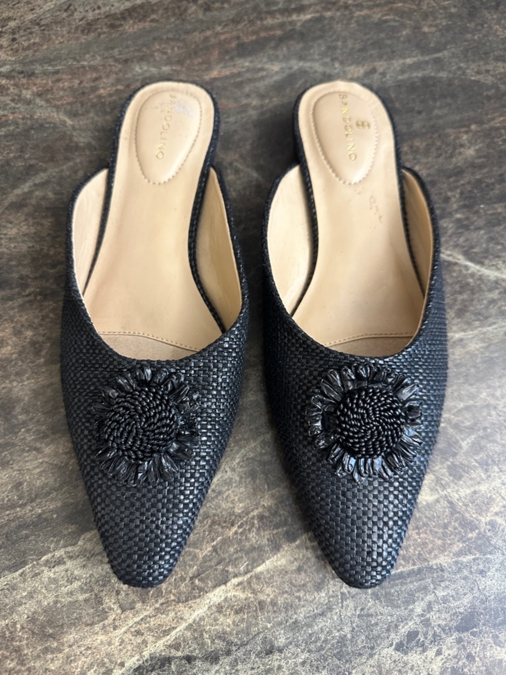 Bandolino Black Woven Pointed Slip-On Mules with Floral Rosette
